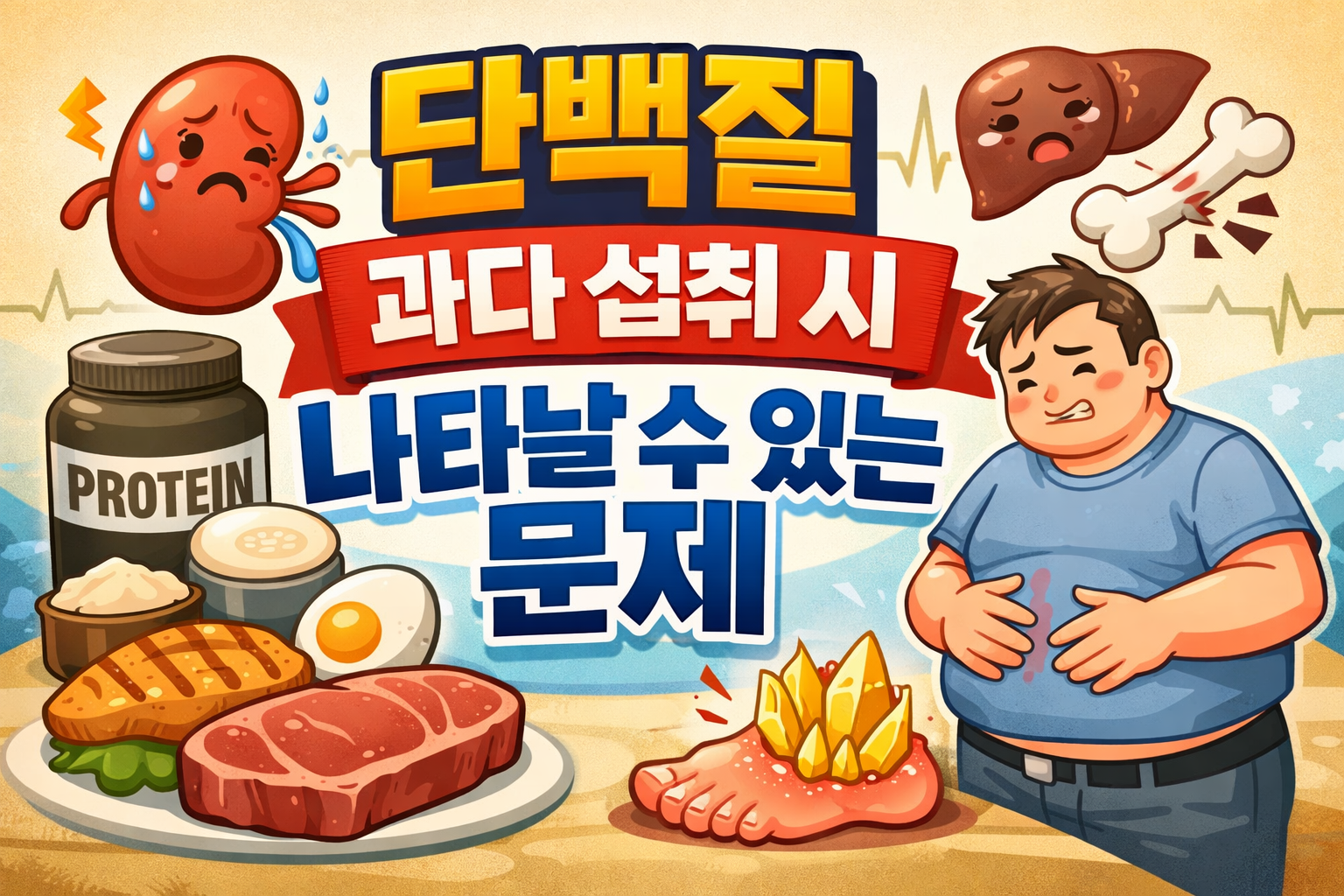 단백질 과다 섭취 시 발생할 수 있는 부작용과 주의해야 할 건강 문제를 정리한 이미지