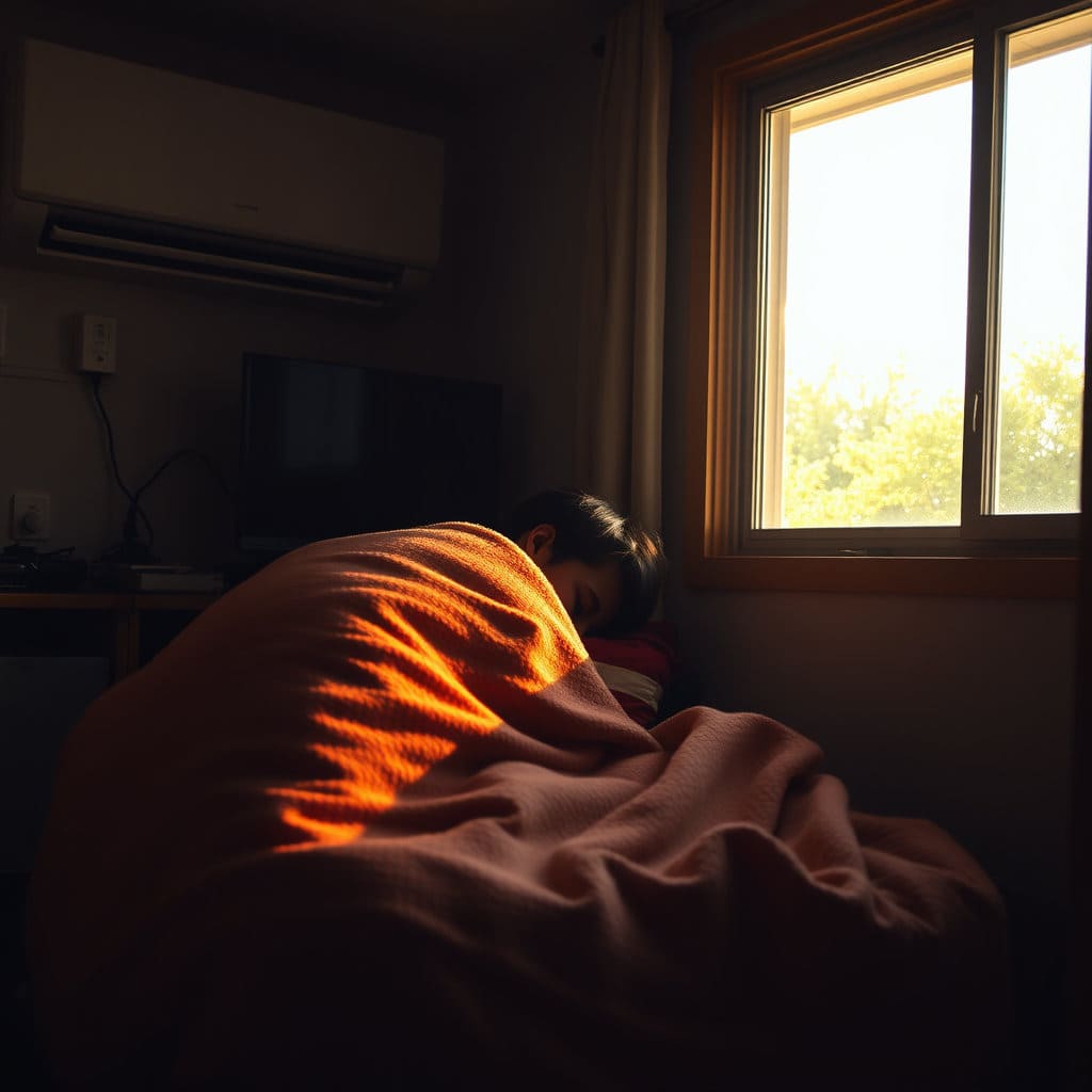 시원한 에어컨 바람이 불어오는 실내에서 한 사람이 담요를 덮고 살짝 웅크리고 있는 모습. 창밖으로는 뜨거운 여름 햇살이 비치는 대비를 통해 실내외 온도 차를 시각적으로 표현합니다. 전체적으로 시원하지만 약간은 으스스한 느낌을 줍니다.