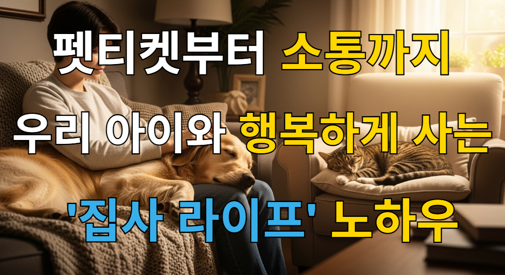 햇살이 들어오는 아늑한 거실에서 한 사람이 골든 리트리버를 쓰다듬고 있고, 그 옆 쿠션에서 고양이가 평화롭게 낮잠을 자고 있는 모습
