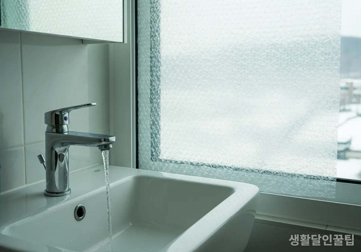 동파 방지를 위해 화장실 수도꼭지에서 물이 한 방울씩 떨어지는 모습과 단열 뽁뽁이가 붙은 창문