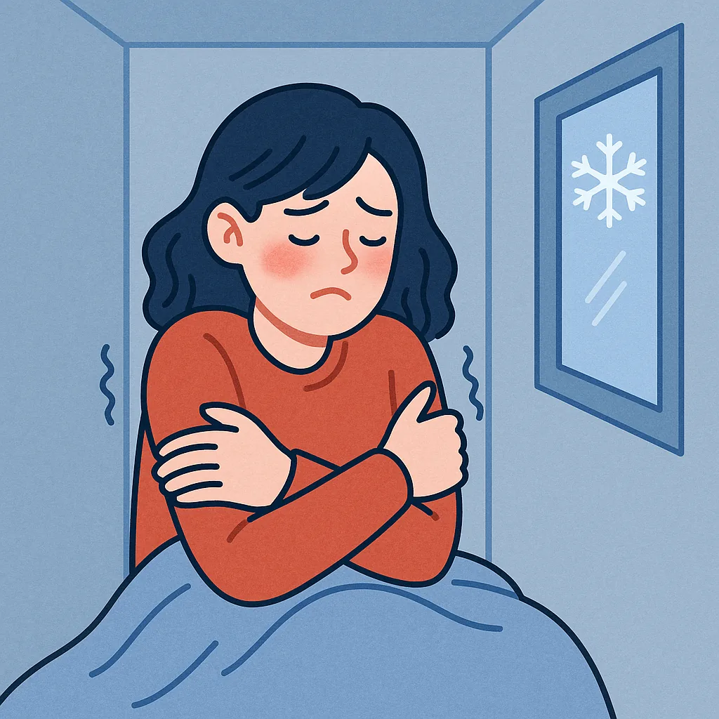 좁은-방에서-추위를-느끼는-여성이-담요를-덮고-두-팔로-자신을-감싸며-몸을-웅크린-모습-창문밖에는-눈송이-아이콘이-있는-장면