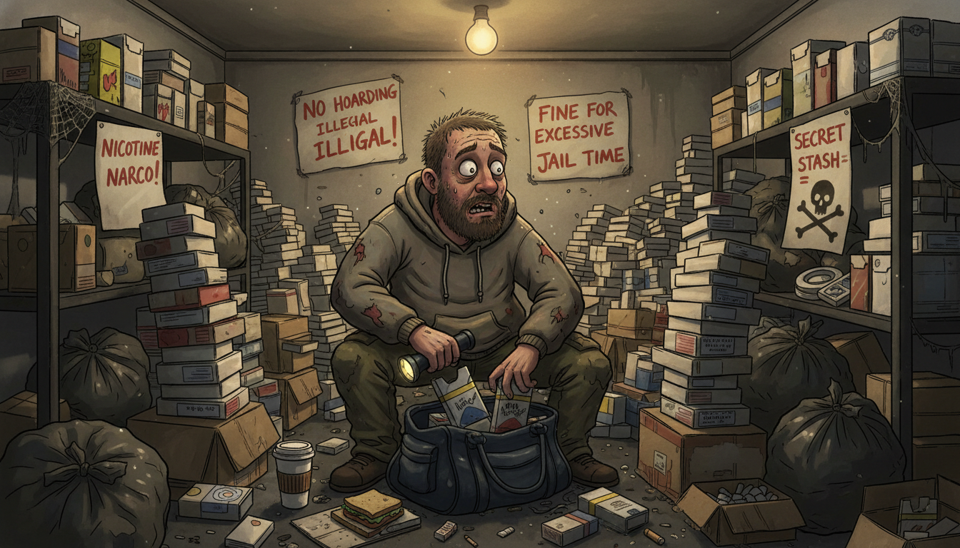 어두운 창고에 담배를 대량으로 사재기하는 사람의 모습, 사재기 금지 경고문이 보인다.