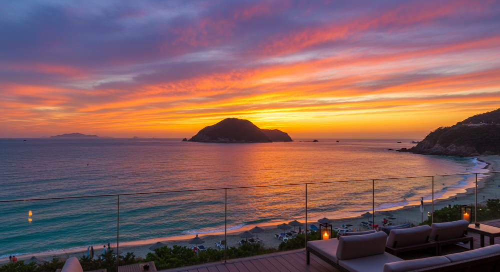 협재 리브레 라운지에서 보이는 협재 바다와 비양도 노을