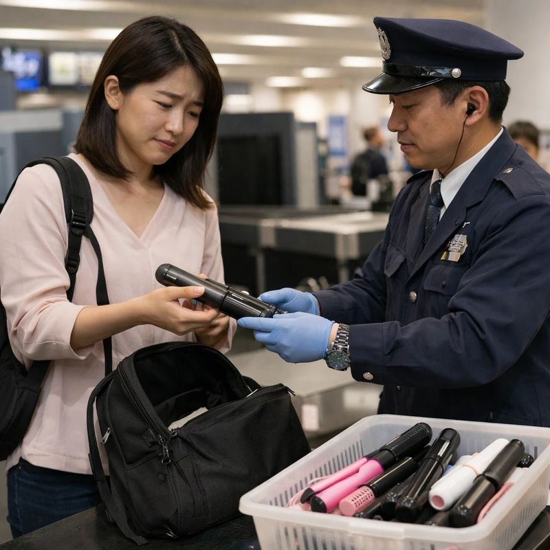 일본 공항 보안검색대에서 한국인 여성 여행자가 배터리 일체형 무선 고데기를 보안 요원에게 건네는 장면. 여행자는 당황하고 아쉬운 표정을 짓고 있으며, 옆 플라스틱 바구니에는 이미 압수된 여러 개의 고데기가 담겨 있다.