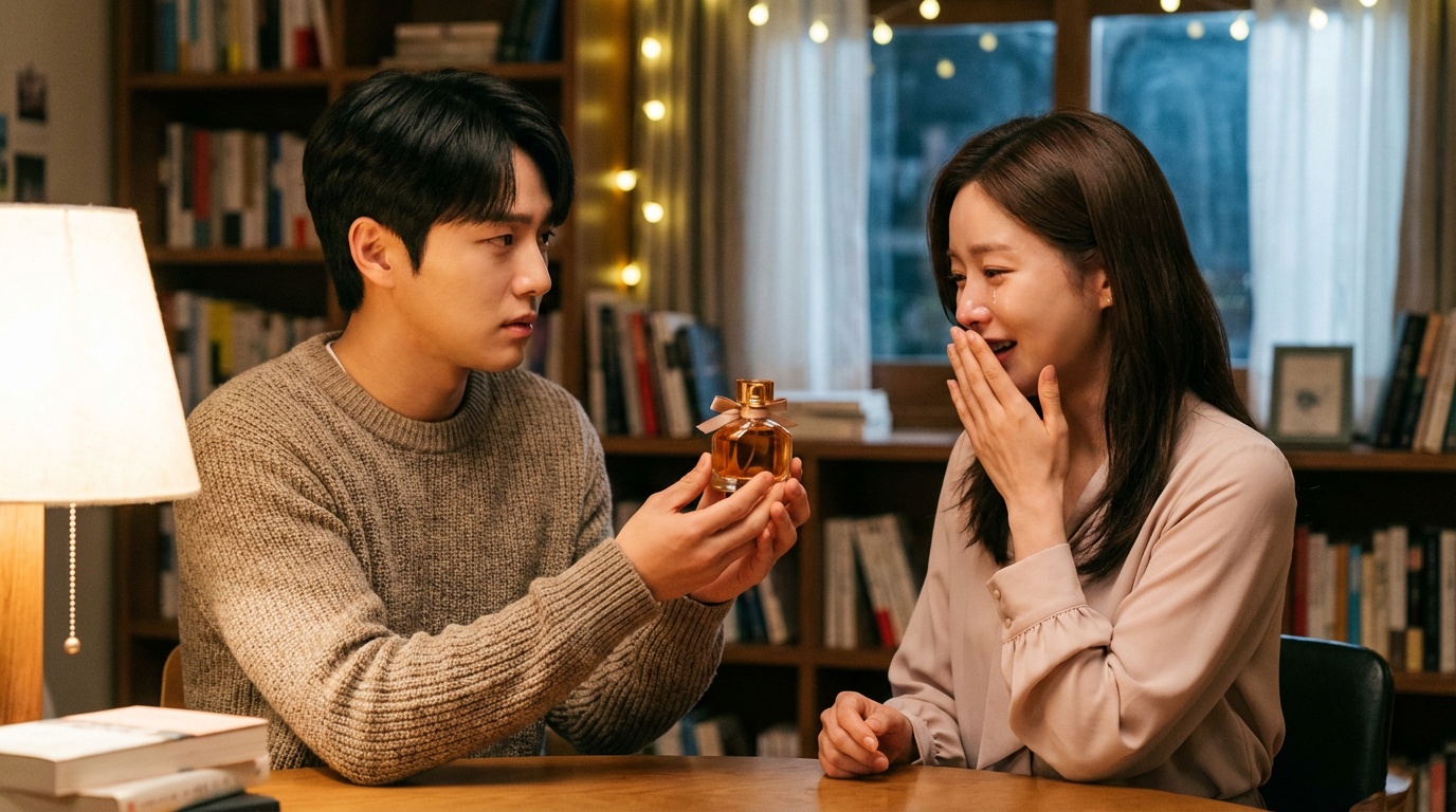 남성이 여성에게 향수를 선물하는 장면 ai 이미지
