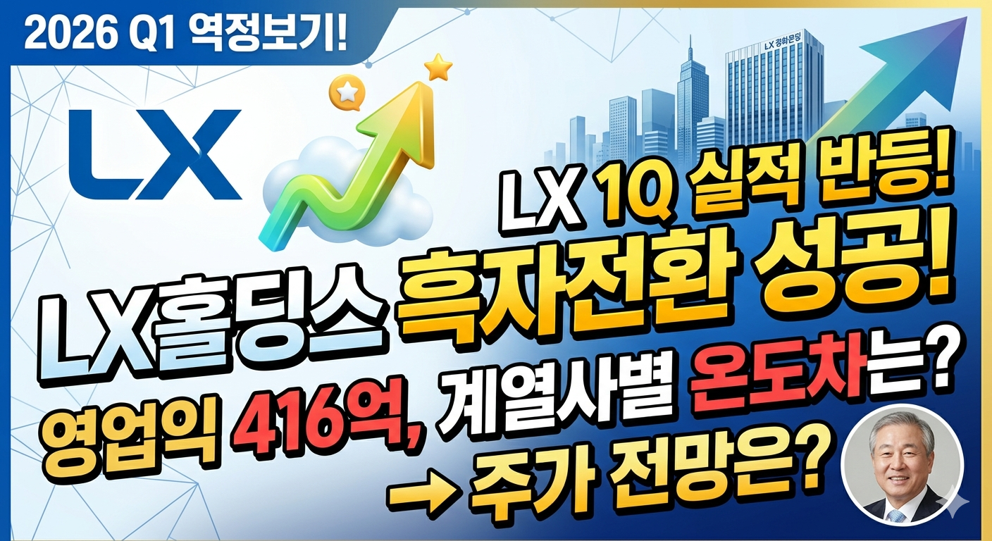 LX홀딩스 로고와 주가 상승 화살표 배경이 어우러진 2026년 1분기 실적 반등 및 주가 전망 그래픽 이미지
