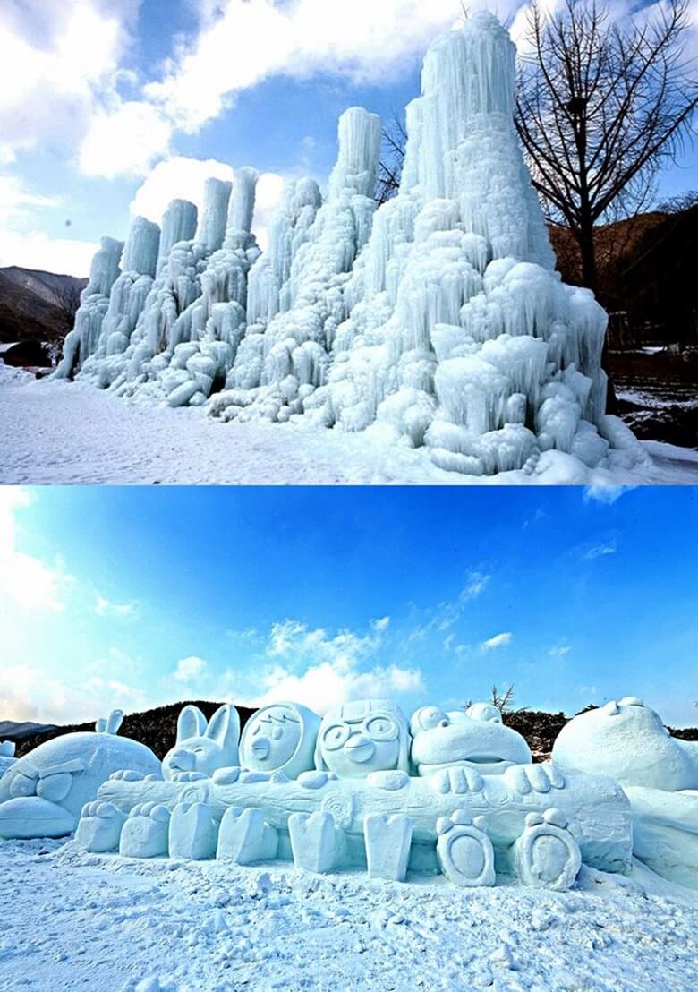 상단사진은 약 10M 정도로 보이는 거대한 높이의 얼음분수가 9개정도가 우뚝 서있는 모습이며 하단사진은 만화 캐릭터 모양을 한 거대한 눈조각품으로 팽귄, 개구리, 오리, 여우가 나란히 앉아있는 모습