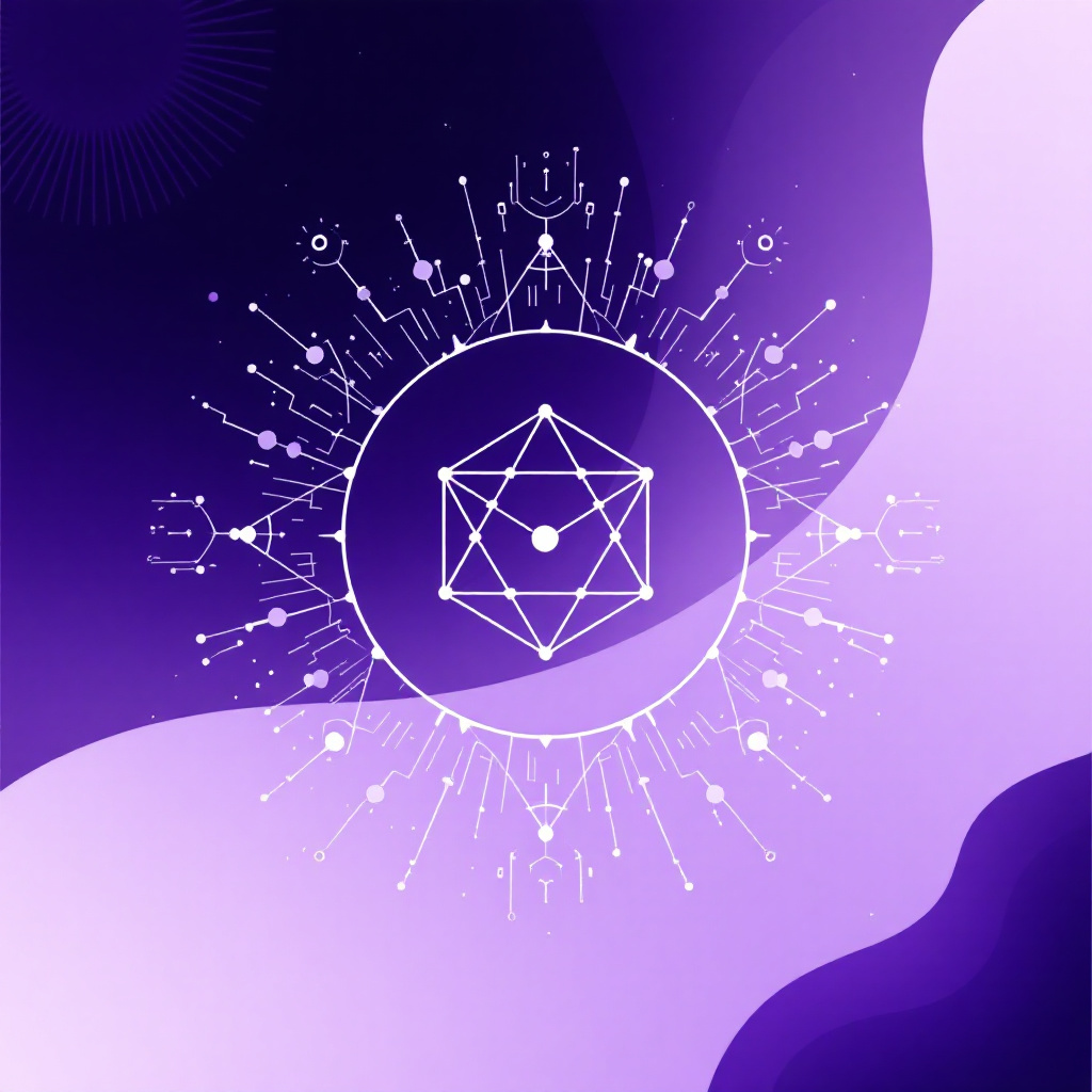 카르다노 철학과 블록체인 기술을 상징하는 기하학적 노드 그래픽, 보라 배경의 미래지향적 일러스트