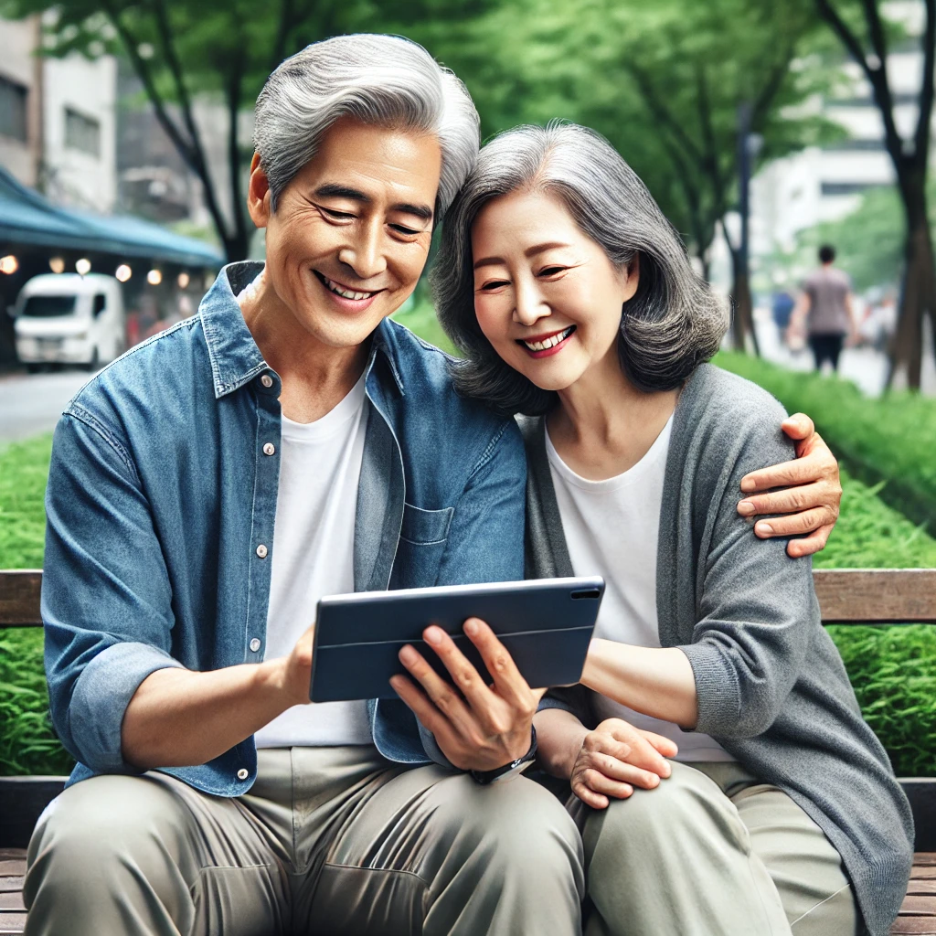 공원에서 보험 확인하는 60대 부부