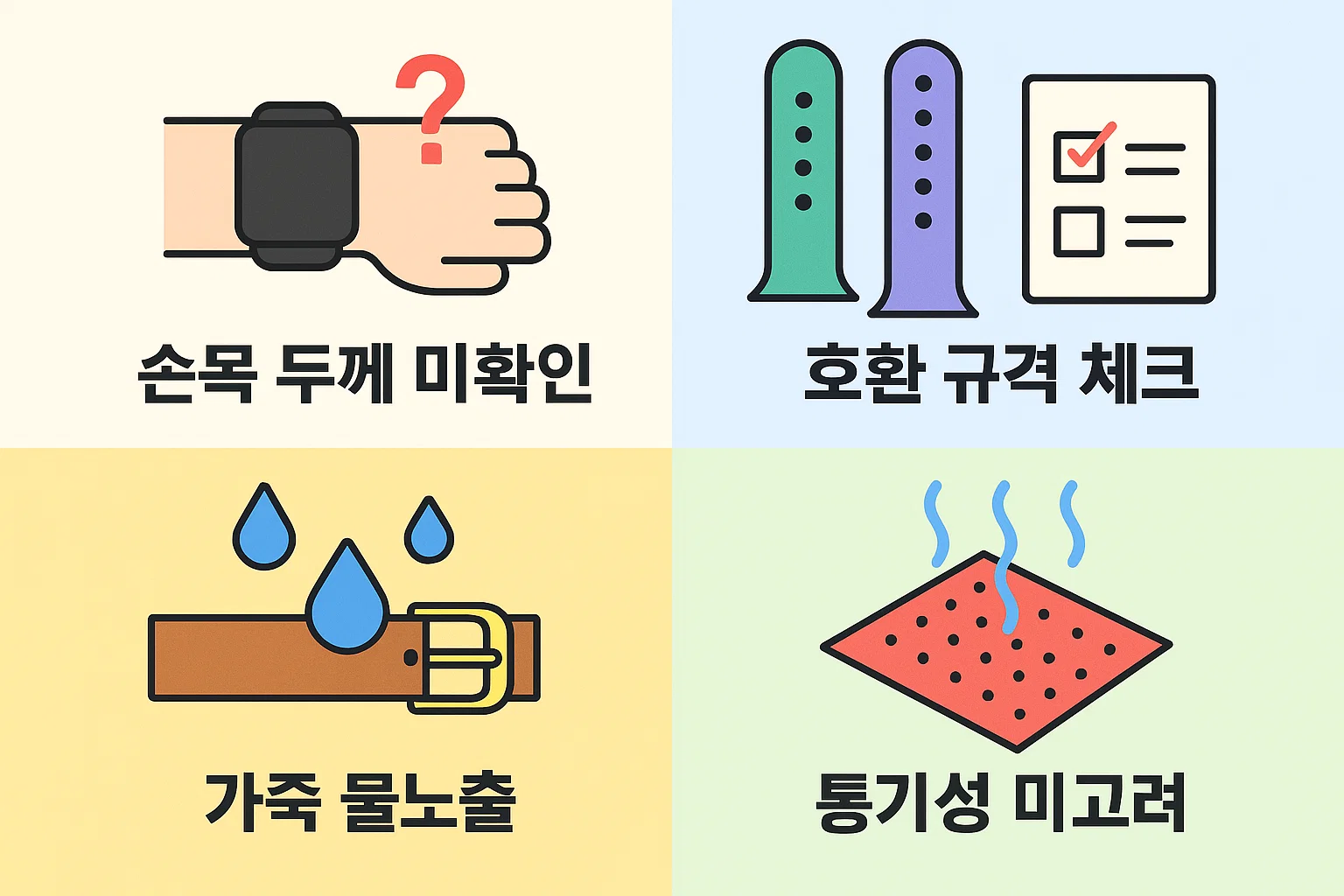 손목 두께 미확인, 호환 규격 미체크, 가죽 물노출, 통기성 미고려 등 스마트워치 시계줄 선택 과정에서 발생하기 쉬운 오류를 예방하기 위한 체크포인트 인포그래픽으로, 올바른 스마트워치 시계줄 선택을 돕는 가이드 이미지입니다.