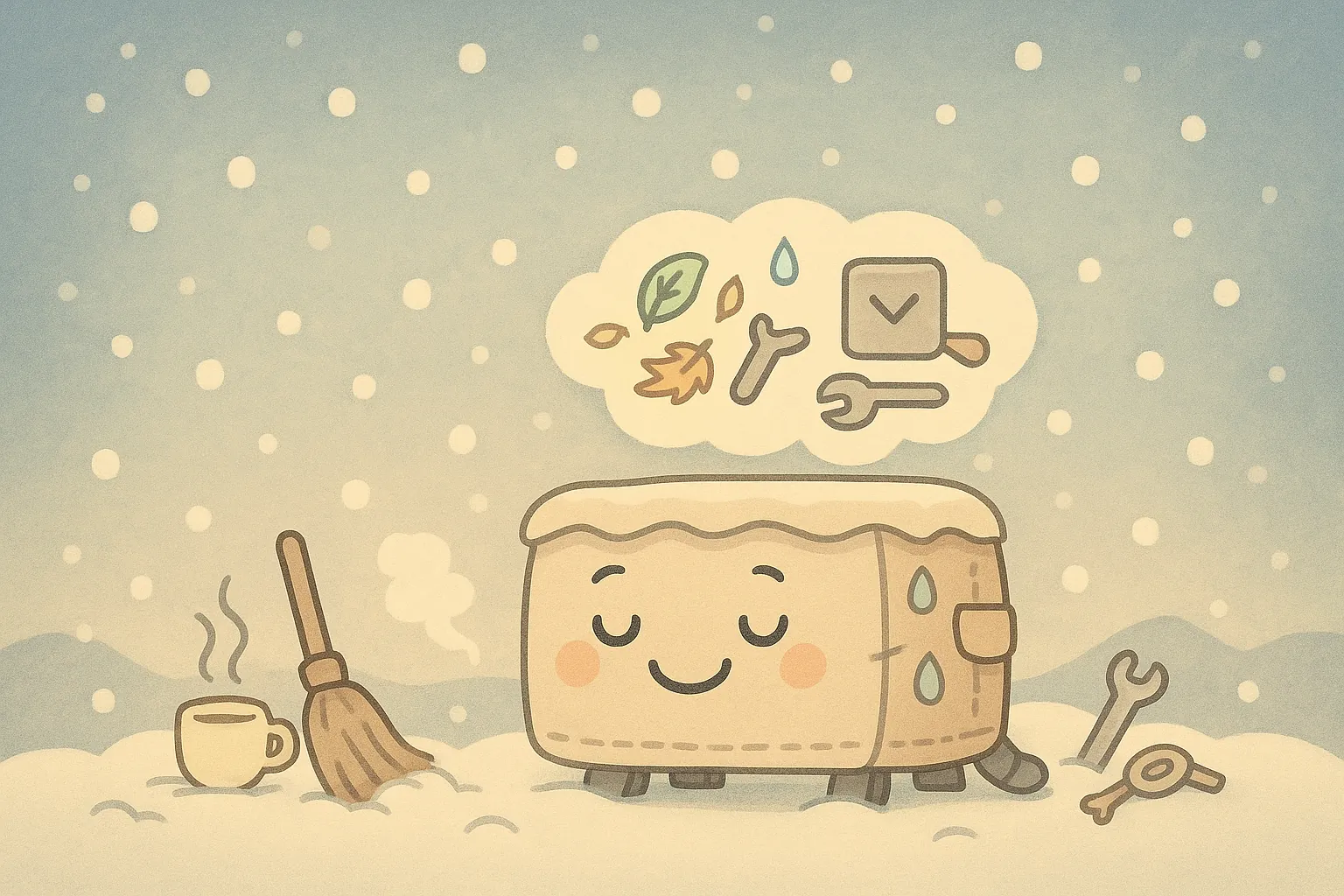 겨울철 에어컨 실외기가 방수 덮개를 두르고 눈밭에 안전하게 자리한 모습