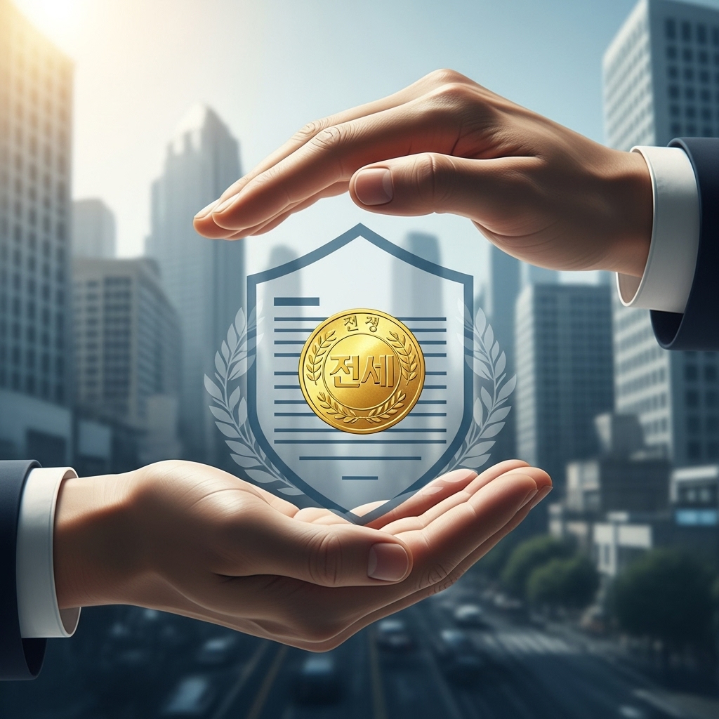 전세 보증금 보호를 상징하는 손에 든 황금 동전과 그를 둘러싼 법률 문서 형태의 보호막