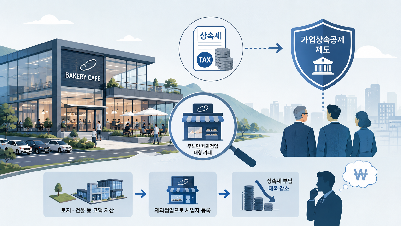 대형 베이커리 카페 건물과 상속세 가업상속공제 제도 컨셉 이미지
