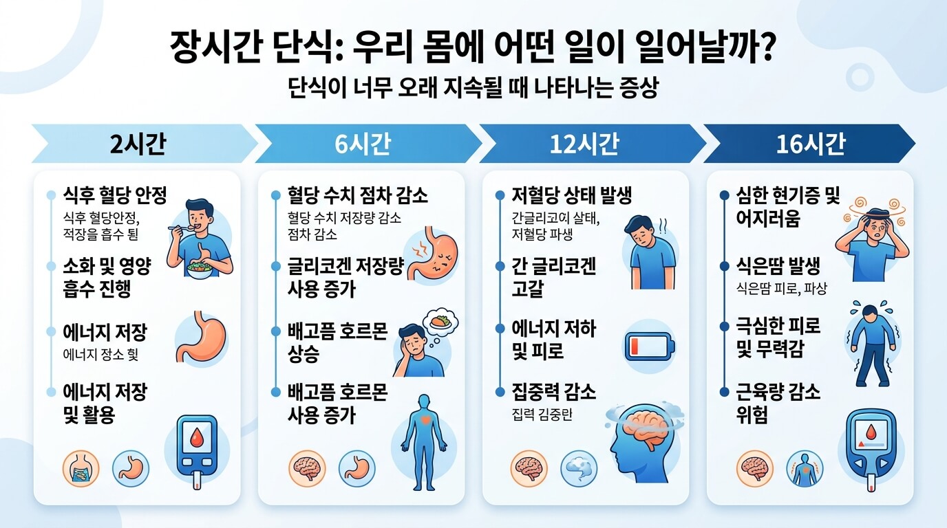 공복 시간이 길어질 때 몸에서 나타나는 변화를 설명하는 건강 인포그래픽