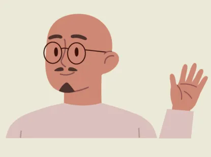뭔가 설명하고 있는 콧수염 남성
