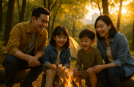 캠핑하면서 마시멜로우 구워 먹고 있는 가족들 모습