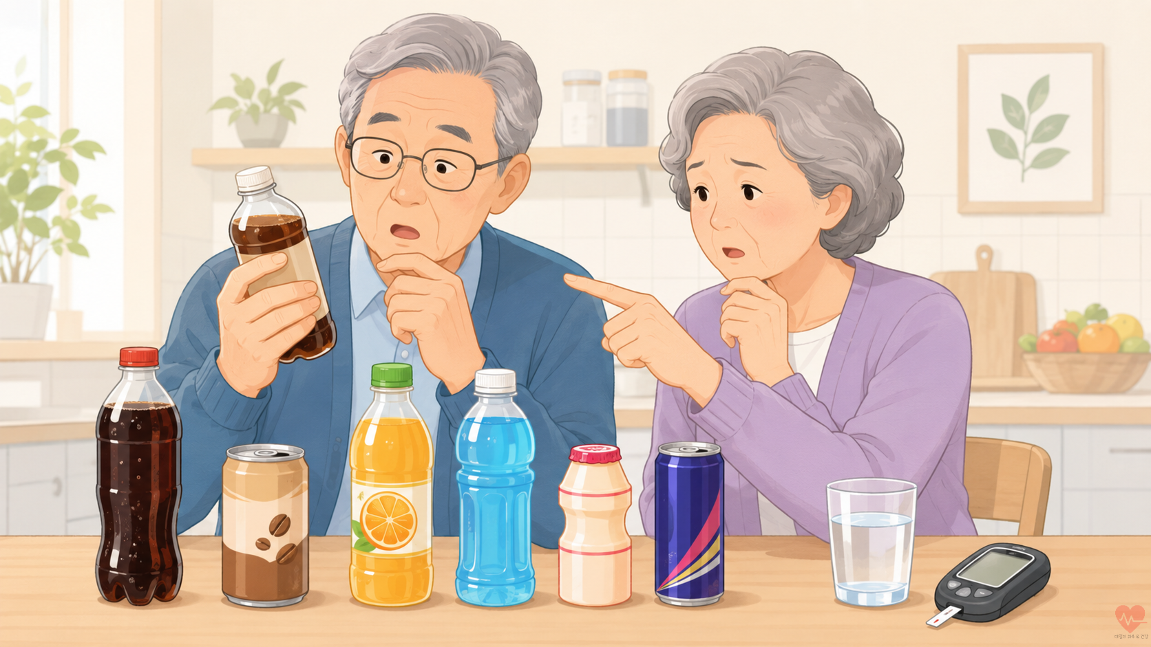 당이 높지 않은 음료를 고르는 노부부