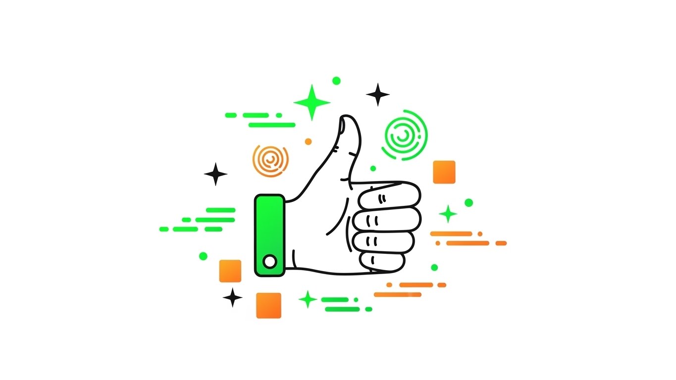 A single minimalist illustration representing 'Great' in Chinese. A hand giving a thumbs-up gesture with sparkling stars around it, or a person holding a trophy looking happy. Bright and positive atmosphere with green and orange colors.