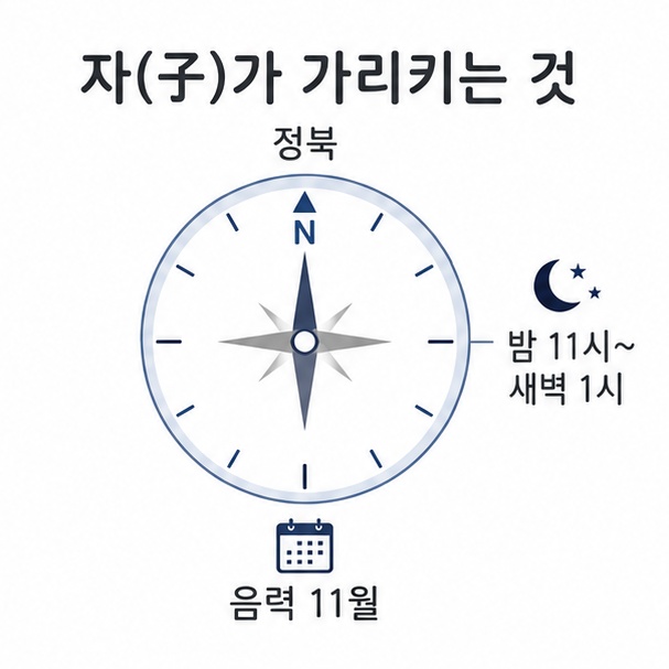 십이지 자(子)가 가리키는 것, 정북 방위와 밤 11시부터 새벽 1시, 음력 11월을 표시한 원형 도해