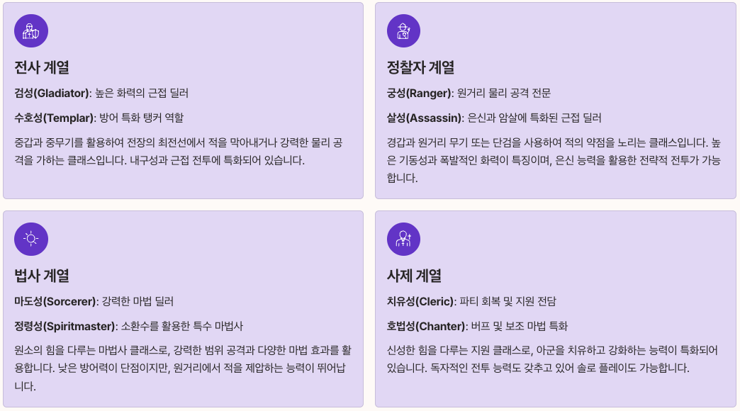 아이온2 클래스 및 직업 시스템 섹션 정리 이미지