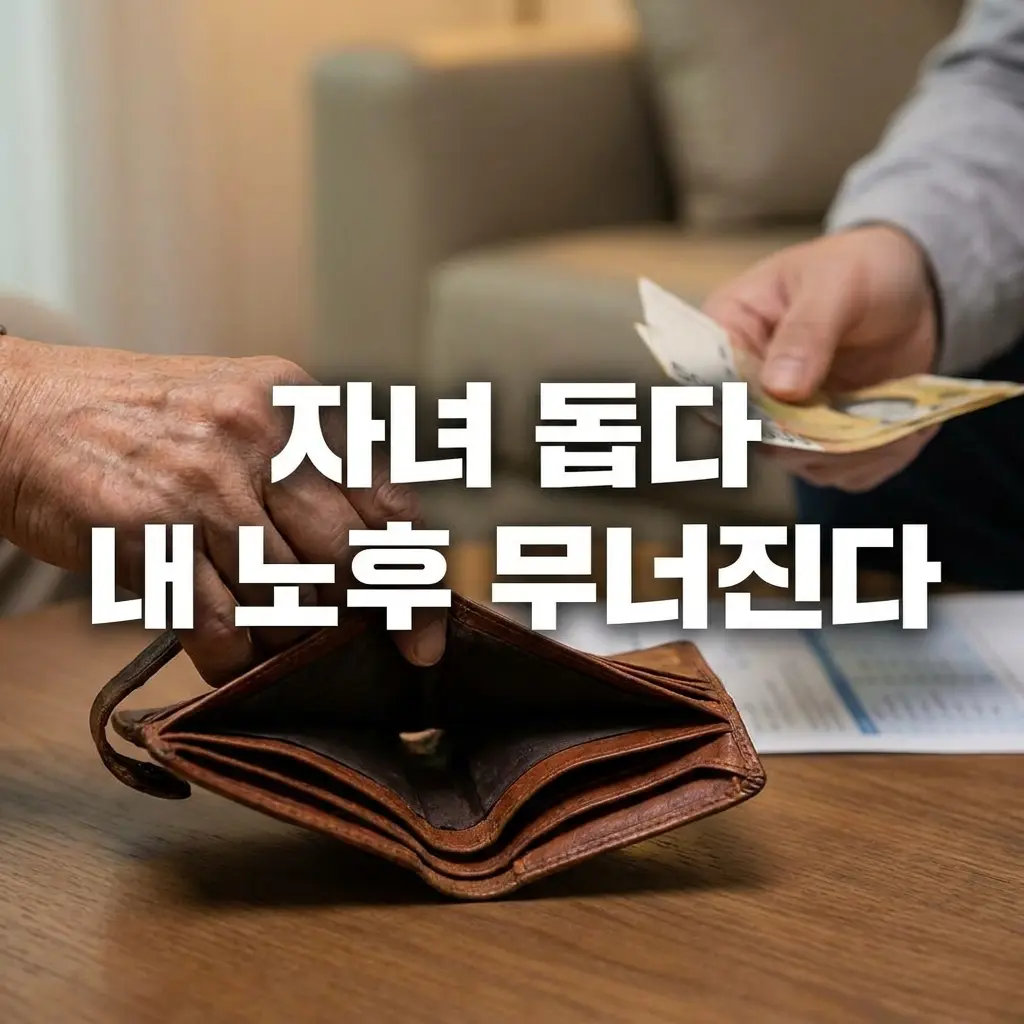 은퇴한 부모의 주름진 손이 텅 빈 갈색 가죽 지갑을 열어보고 있고, 맞은편에서 자녀로 보이는 젊은 손이 지폐를 쥐고 있는 모습. 화면 중앙에 '자녀 돕다 내 노후 무너진다'라는 텍스트가 굵게 강조되어 있어, 부모의 노후 안전선을 고려하지 않은 무리한 자녀 지원의 위험성을 경고하는 썸네일 이미지.