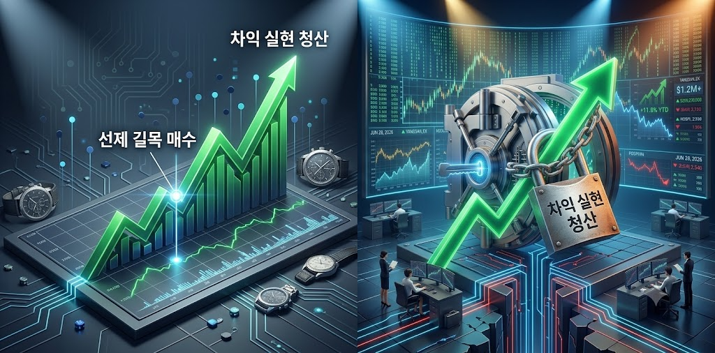 S&amp;P 500 지수 편입 공시가 뜨기 전 한 달 전부터 영리하게 자금을 파킹해 매수 길목을 확보한 투자자가, 인덱스 패시브 자금의 기계적 매수 물량이 유입되는 최고점에서 차익 실현 단추를 누르는 도식화 금융 자산배분 인포그래픽