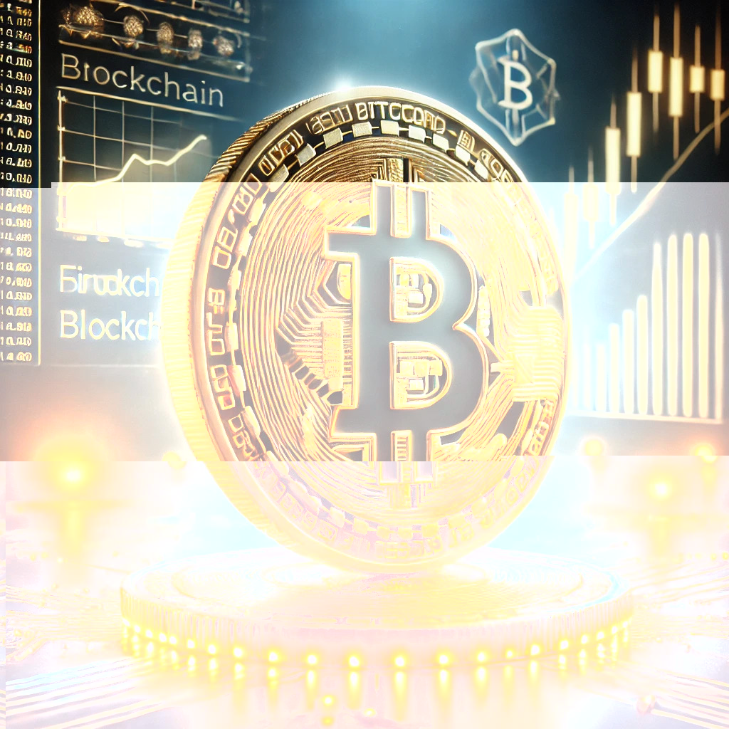 비트코인이 중심에 서있는 모습을 미래형 이미지로 생성한것