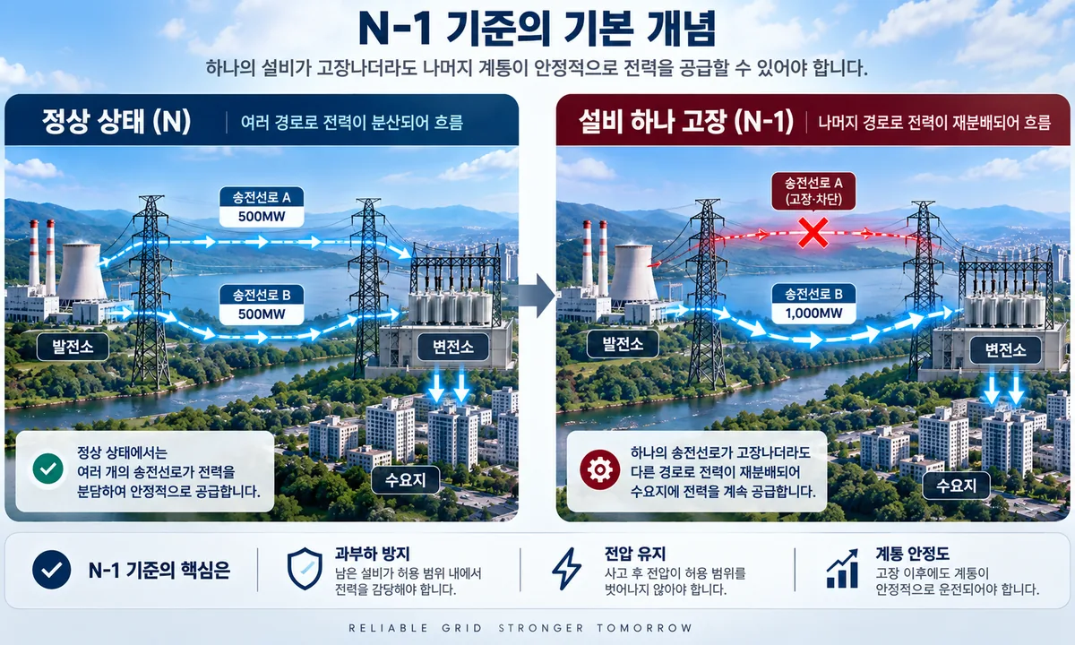 송전선 하나가 고장났을 때 다른 선로로 전력이 재분배되는 N-1 상태 인포그래픽