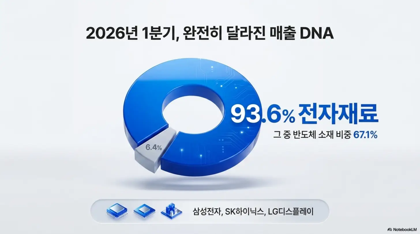 동진쎄미켐 주가 전망: 동진쎄미켐의 2026년 1분기 매출에서 전자재료가 93.6%, 그중 반도체 소재가 67.1%를 차지하고 삼성전자·SK하이닉스·LG디스플레이를 주요 고객사로 둔 매출 구조를 보여주는 이미지