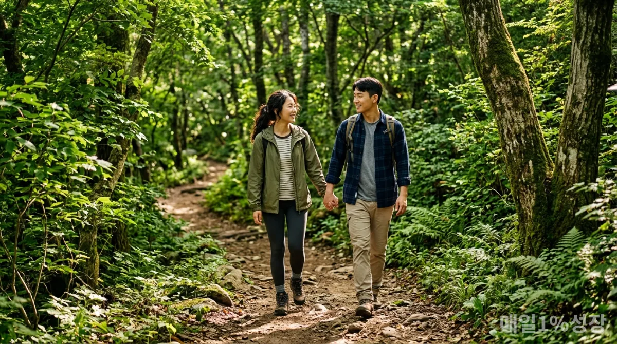 자연 속에서 산책하며 힐링하는 한국인 커플