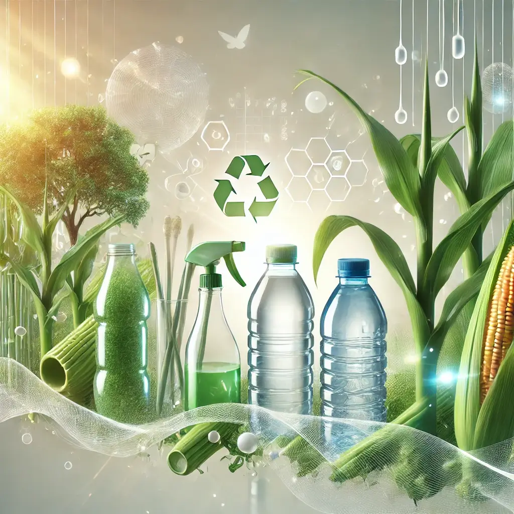 식물들을 배경으로 한 플라스틱 제품들을 나열한 이미지