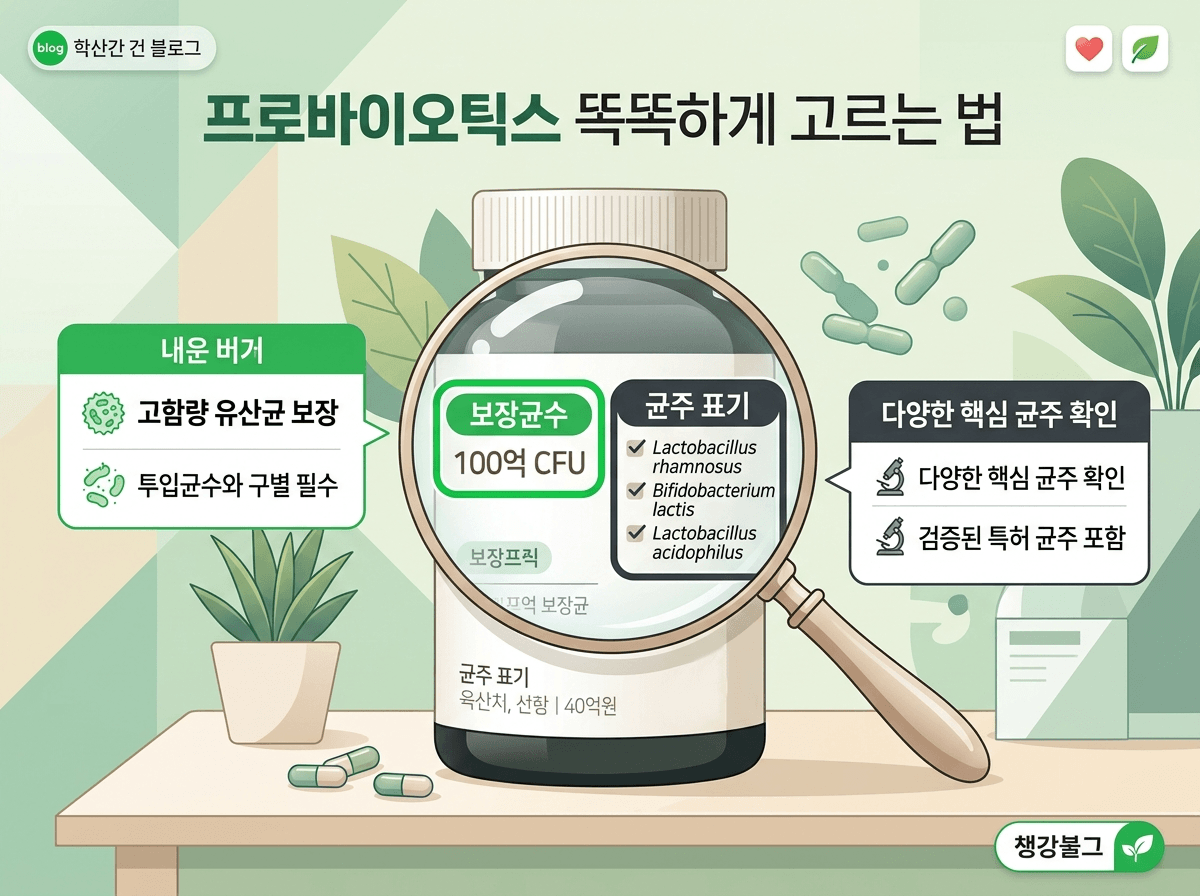 유산균 라벨에서 보장균수와 균주 표기를 확인하는 설명 이미지