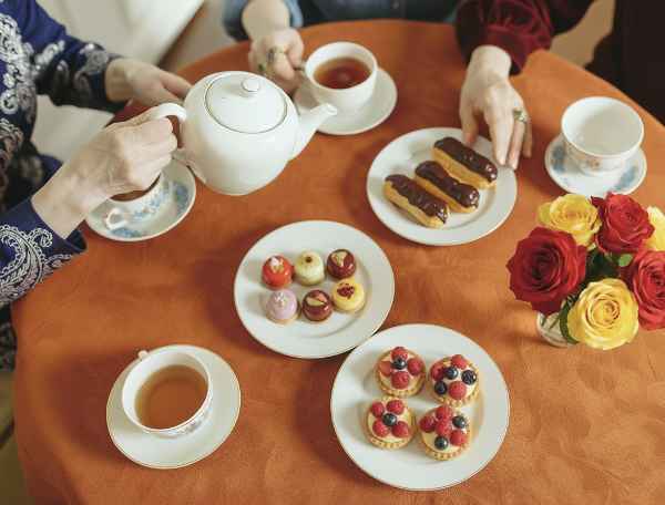 갈색 테이블위에 디저트가 담긴 접시와 찻잔이 놓여 있다. 한 사람이 차포트를 들어 차를 따르려하고 있다.