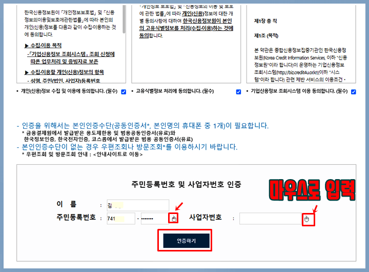 사업자대출금액확인하기, 개인정보입력화면