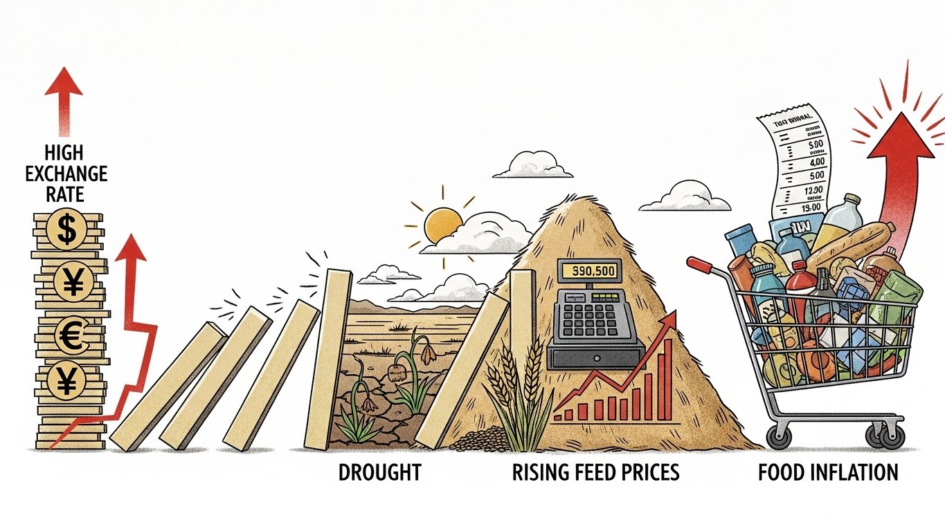A chain reaction illustration High exchange rate &rarr; Drought &rarr; Rising feed prices &rarr; Food inflation.