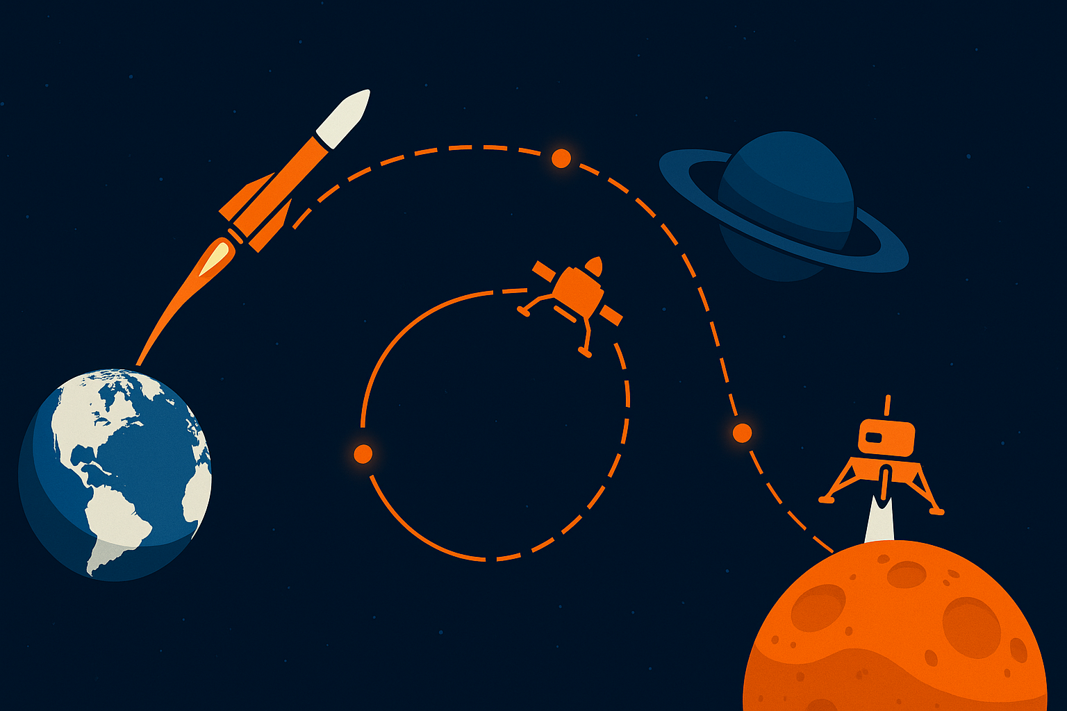 우주 탐사 로봇의 지구 출발에서 목적지 도달까지의 주요 과정
