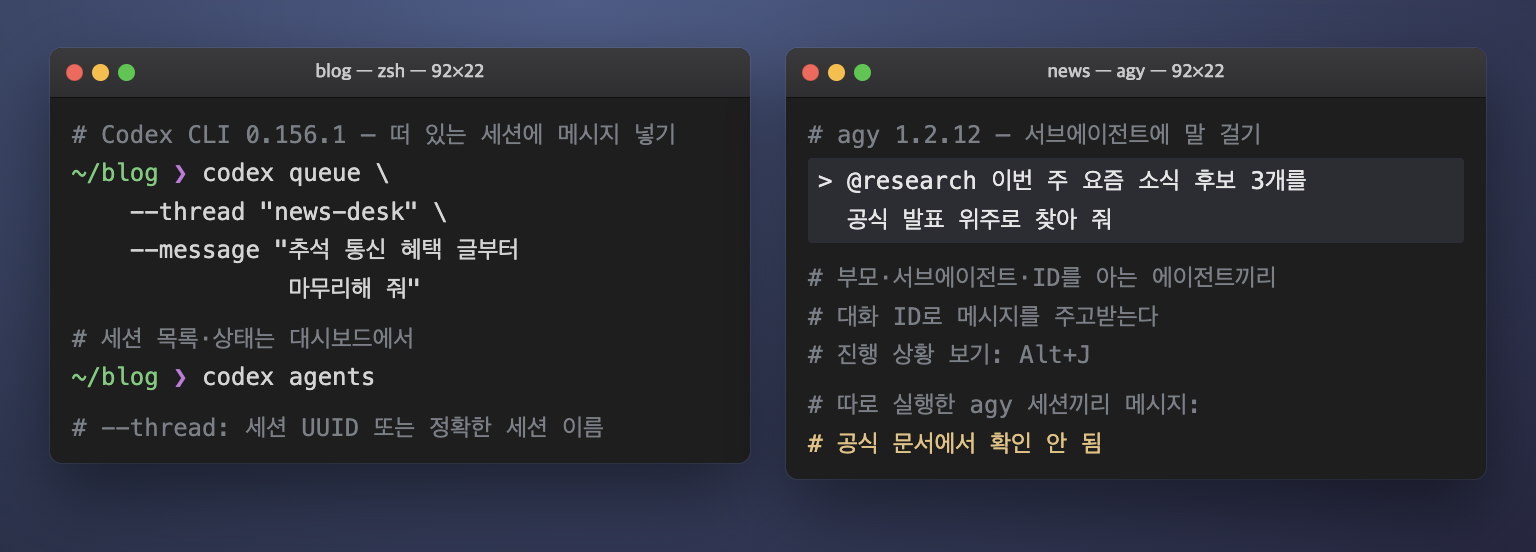 코덱스 CLI의 codex queue 명령과 agy의 서브에이전트 메시지를 나란히 보여 주는 터미널 화면 재구성 예시