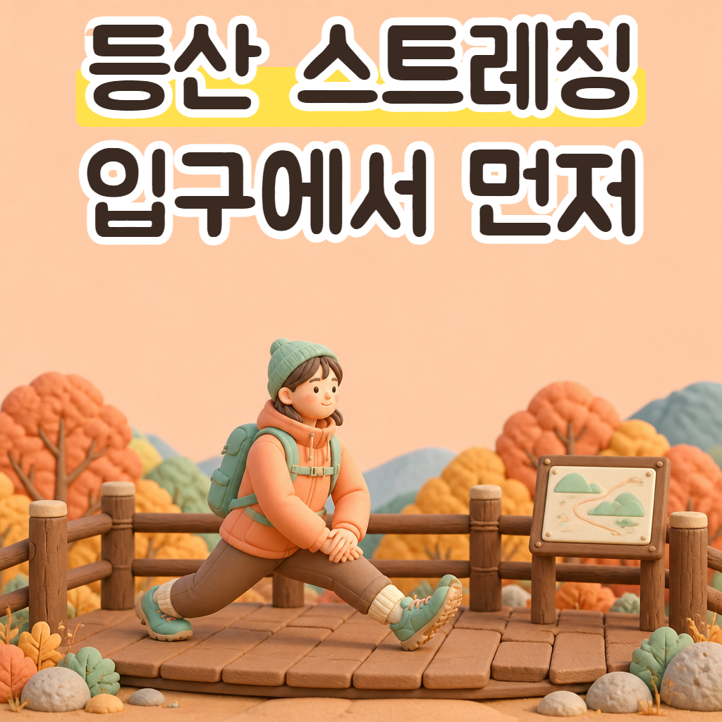 산 입구 나무 데크에서 다리를 뻗어 몸을 푸는 등산객