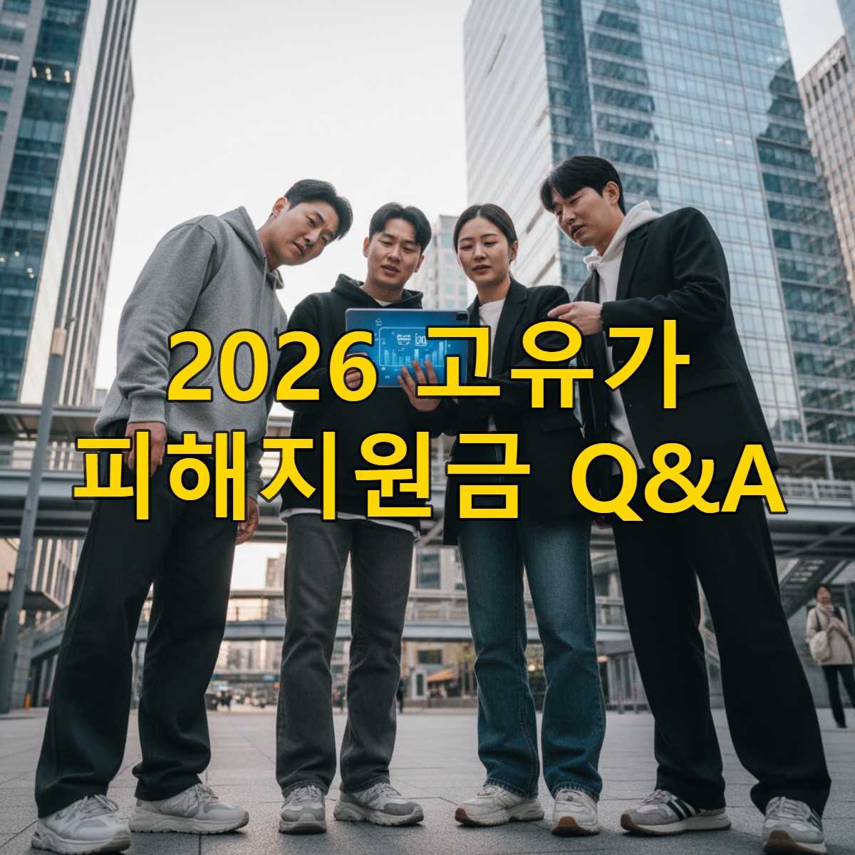 고유가 피해지원금 관련 뉴스를 확인하며 논의하는 현대 한국 시민들