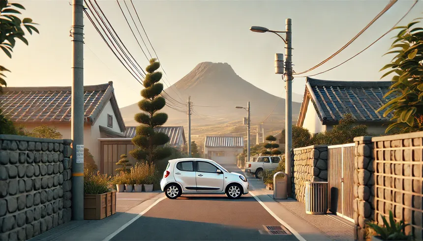 제주도 주택가를 배경으로 조용히 주차된 소형차 한 대, 행정 변화로 인한 편안한 일상을 상징하는 장면