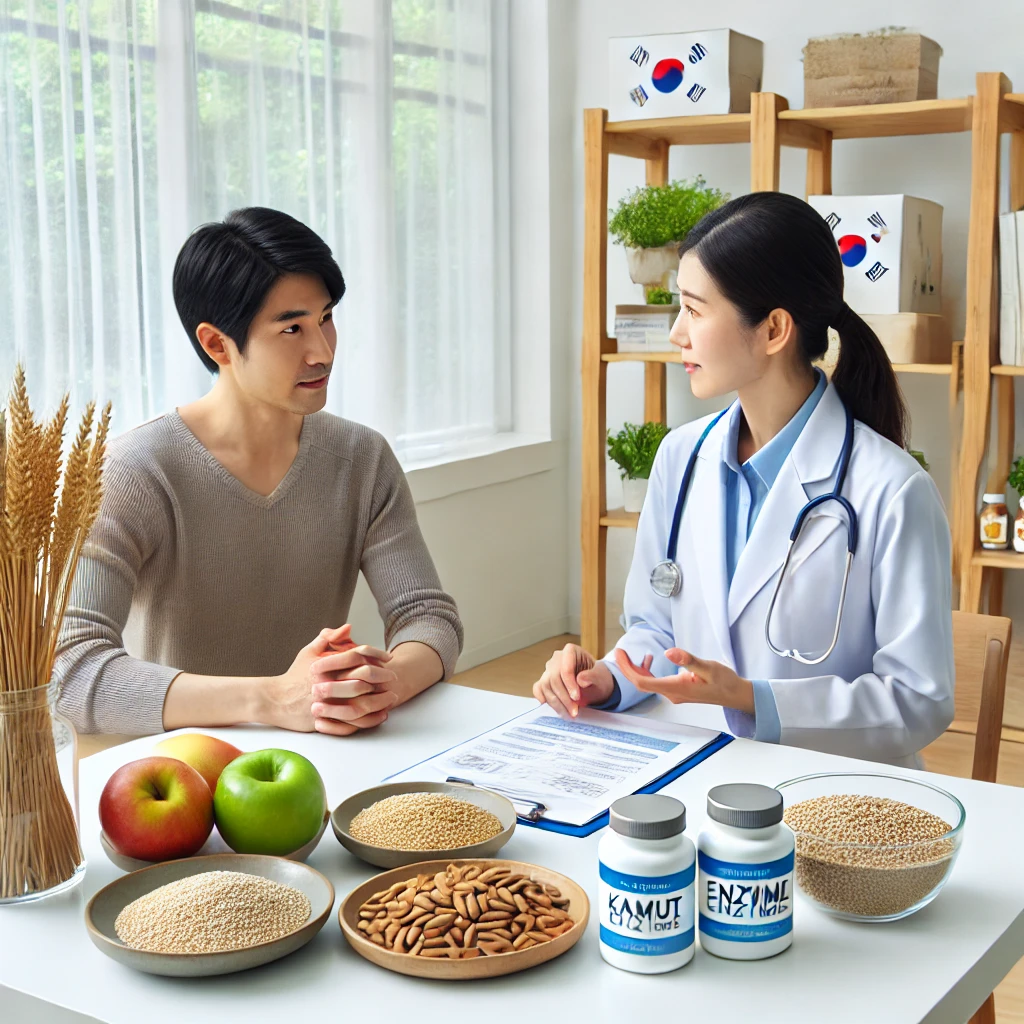 한국인 영양사가 환자에게 카무트 효소의 장점과 부작용을 설명하는 모습, 테이블 위에는 카무트 곡물, 효소 캡슐, 건강식품이 정리된 상담실