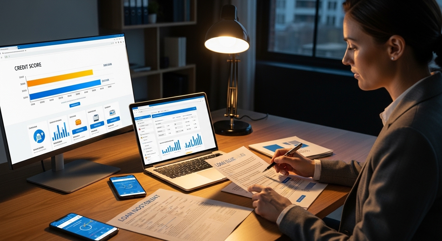 여러 은행의 주택담보대출 조건을 비교하고 신용점수를 확인하는 사람