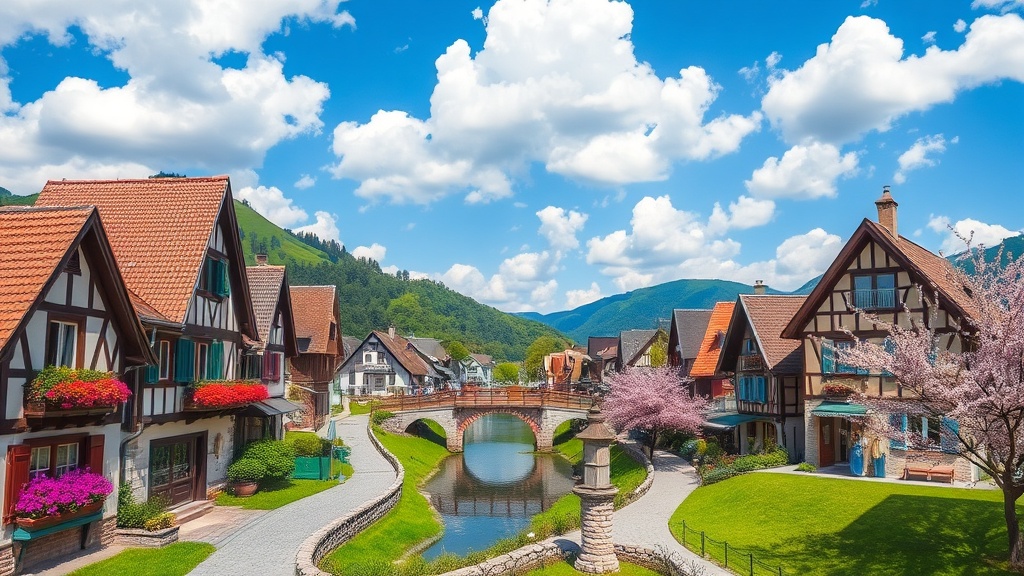 남해 독일마을의 상징인 빨간 지붕과 하얀 외벽의 주택들이 언덕 위에 빼곡히 자리 잡은 전경. 푸른 하늘 아래 이국적인 건축 양식이 돋보이며, 멀리 남해 바다가 시원하게 펼쳐져 있다.