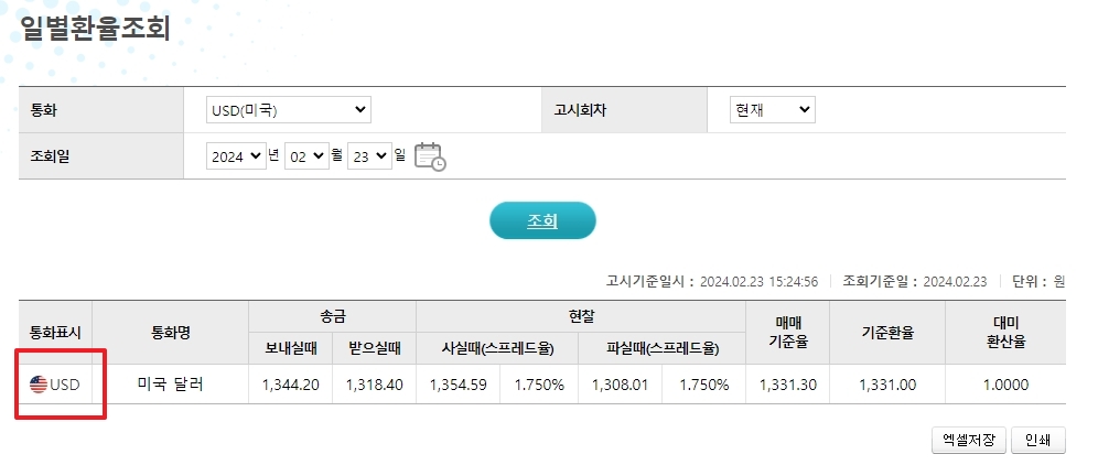 미국 달러 USD 검색 결과가 나온 화면과 상세 정보 확인을 위한 링크 위치