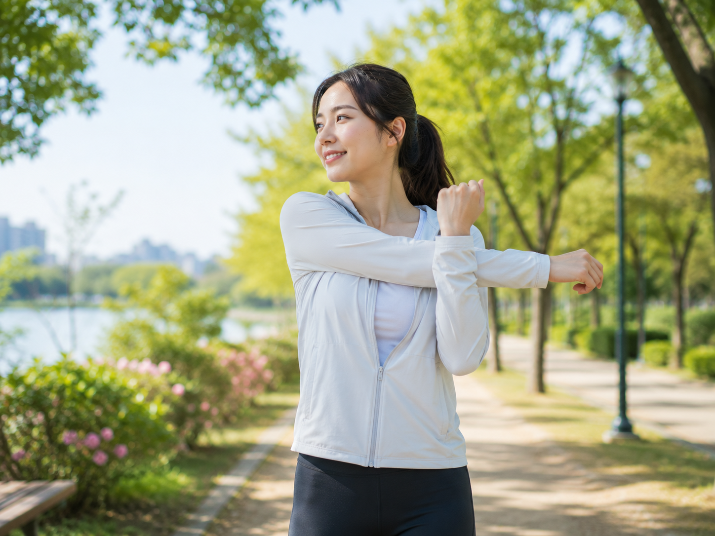 가벼운 산책과 스트레칭으로 몸을 관리하는 모습