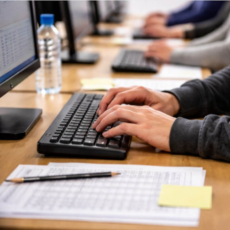 시험장 책상 위에서 긴장한 손으로 키보드를 누르는 모습