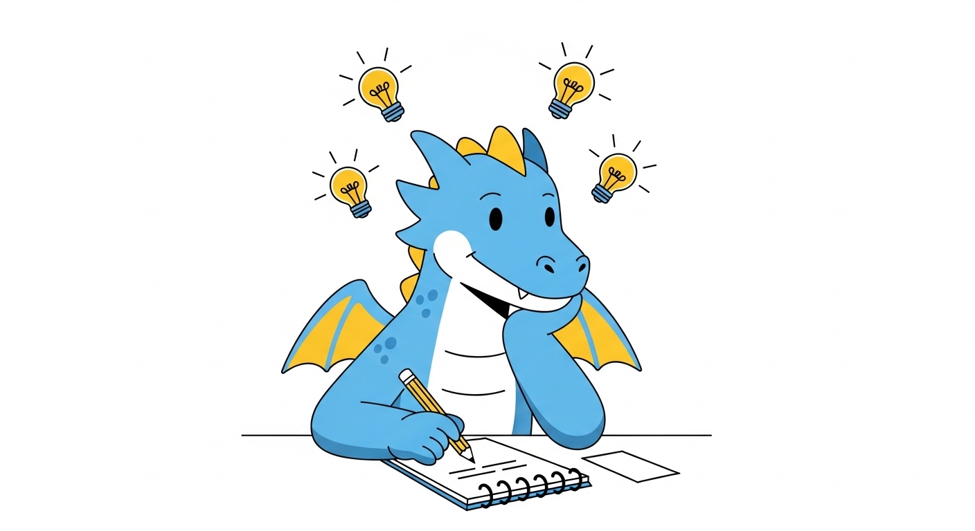 번뜩이는 아이디어 전구와 함께 노트에 무언가를 적으며 창의력을 발휘하는 용 캐릭터 일러스트