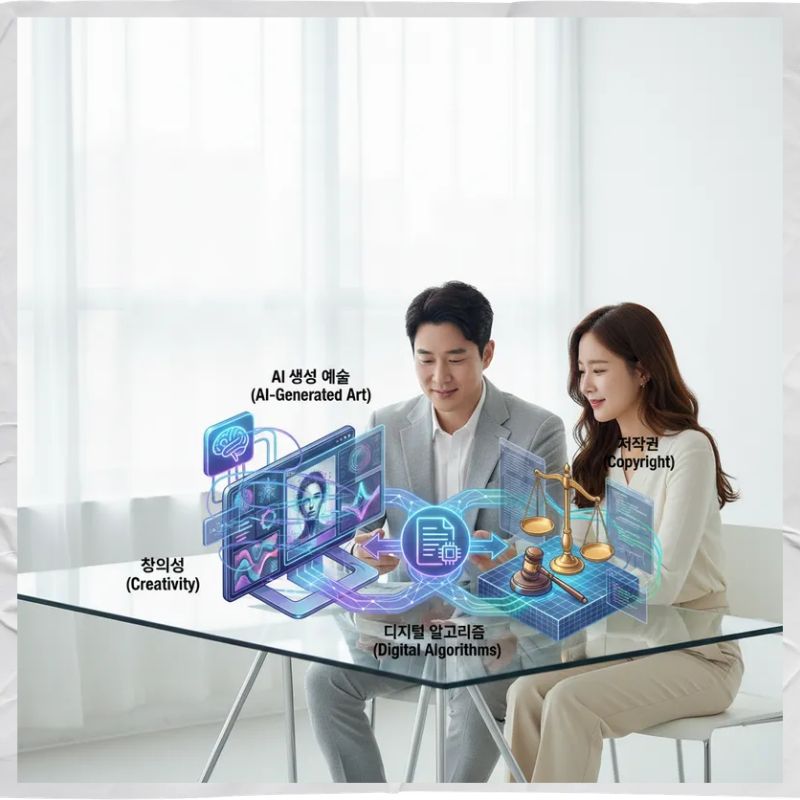 AI와 인간이 대화하며 복잡한 데이터가 정돈된 결과물를 바라보는 모습