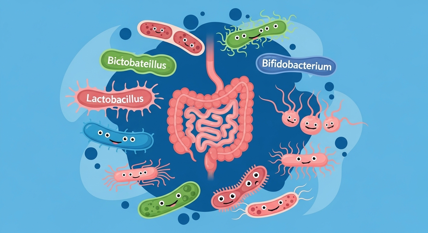 건강한 장을 중심으로 다양한 유산균 균주들이 활기차게 활동하는 모습. 유산균의 다양성과 장 건강의 중요성을 상징적으로 보여줌.