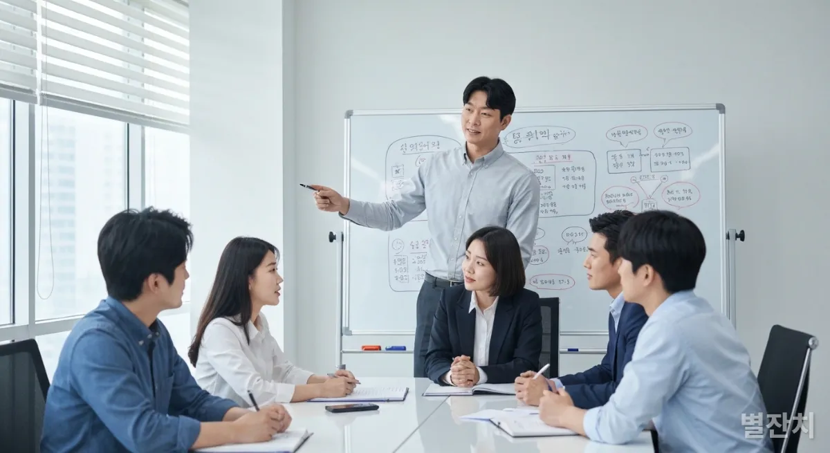 팀원들과 함께 아이디어를 공유하며 협업하는 한국인 직장인